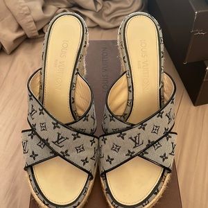 Louis Vuitton navy monogram mini open toe wedge mule